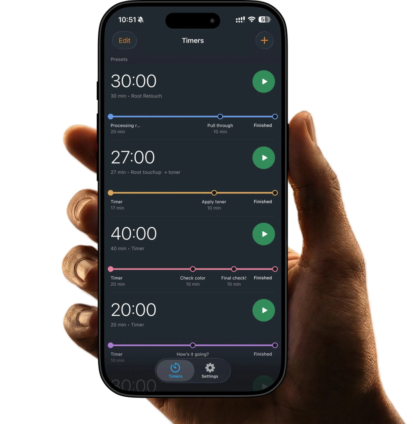 Hand holding iPhone showing Hair Color Timer Pro app with multiple timer presets